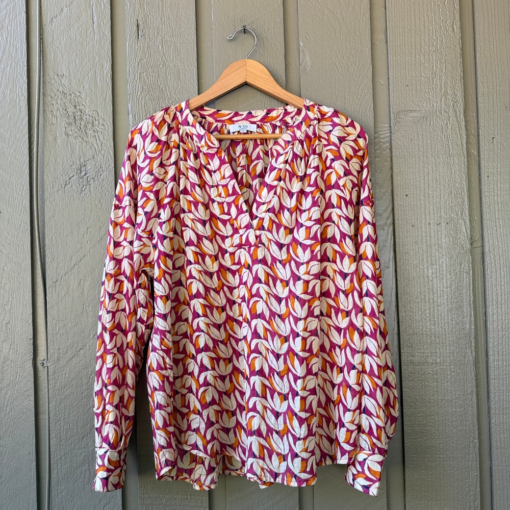 N°55 Biarritz Blouse Womens 1 Pink Orange Abstract Floral V-Neck Long Sleeve Top